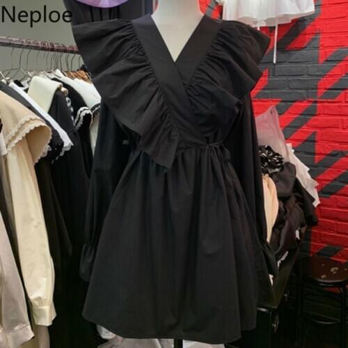 Neploe Ruffles Pleated Dress Women Fashion V Neck Flare Sleeve Ladies Vestidos Summer 2021 Loose Casual Female Dresses 1C456