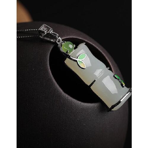S925 Sterling Silver Natural Hetian Jade Pendant Antique Jewelry Female Authentic Inlaid Bamboo Hetian Jade