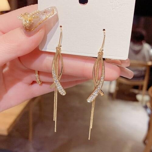 2021 New Korean style trendy zircon cross tassel earrings temperament versatile long fashion ear hooks