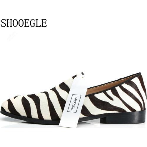SHOOEGLE Men Slip-on Zebra Horsehair Shoes Fashion High Quality Loafers Street Smoking Shoes Customized Party Shoes Eu38-EU47