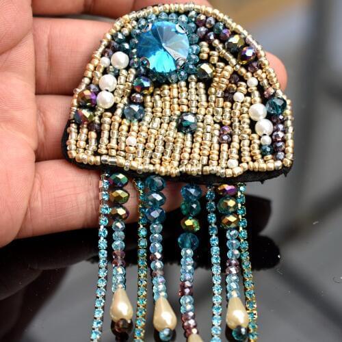 Rhinestone Jellyfish Beaded Tassel Patch for Clothing Sewing on Beading Applique Shirt Shoes Bags Apparel DIY Decoration Patches