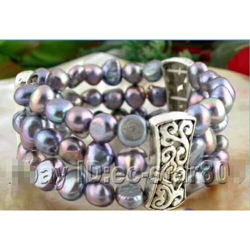 Stretchy! 3row 9mm baroque FW black pearls bracelet @^Noble style Natural Fine jewe