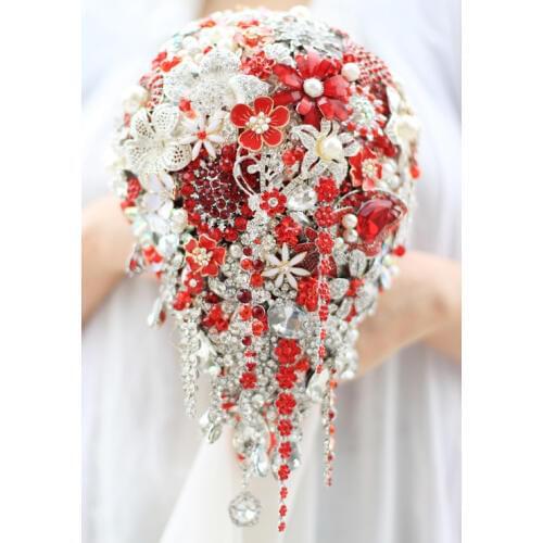 Bride Drop Brooch bouquet custom made Wedding red & white Jewelry Bride 's bridal bouquets Teardrop tassel holding flowers