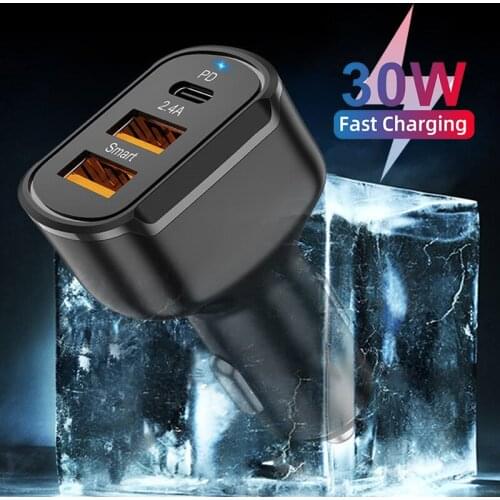 PD 30W USB Car Charger Mobile Phone Quick Charge QC3.0 Adapter 3 Ports Type C USB Charging For iPhone 12 Pro Max Xiaomi 11 Redmi