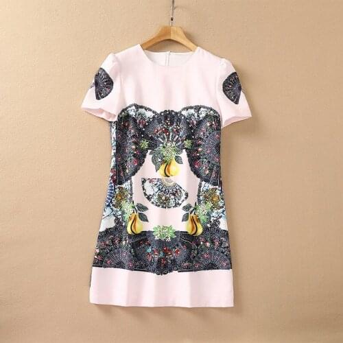 European and American womens wear for summer 2021 Short sleeved pegged beaded round neck Fashionable fan-print dress