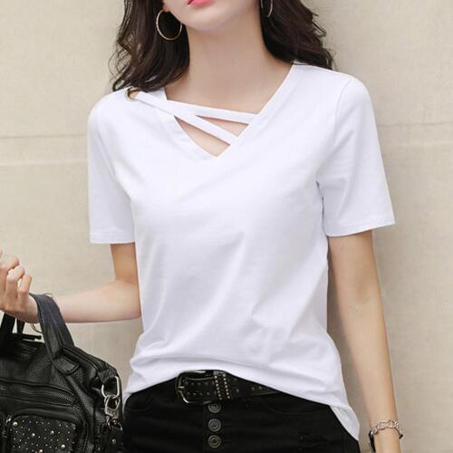 Women Solid Color V Neck Short Sleeve Loose T-shirt Summer Casual Tee Top female Breathable T-shirt black white