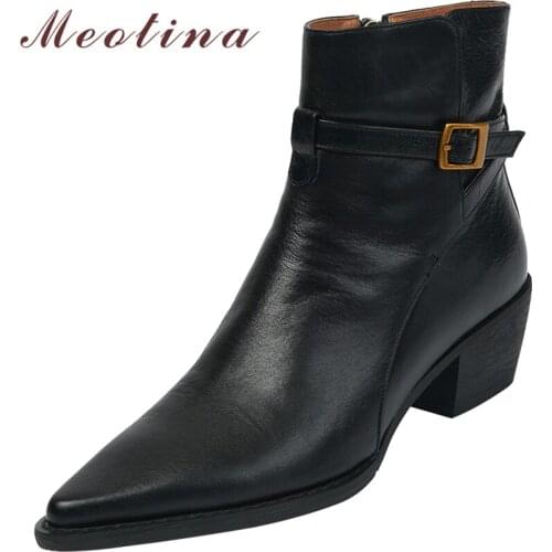 Meotina Women Genuine Leather Ankle Boots Thick Med Heel Pointed Toe Boots Zipper Buckle Ladies Boots Autumn Winter Black 40