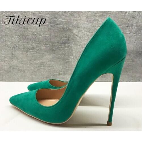 Tikicup Women Solid Green Flock Pointed Toe High Heels Chic Wedding Shoes Ladies Sythenic Suede Fashion Designer Stiletto Pumps
