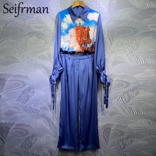 Seifrmann Women Summer Fashion Designer Pants Set Lantern Sleeve Loose Blouses + High Waist Lantern Pants 2 Two Pieces Suits