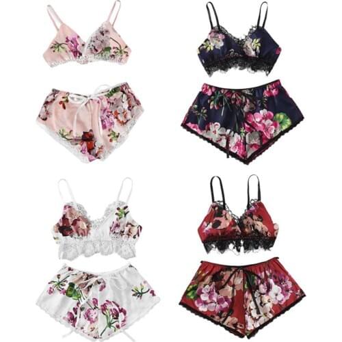 Women Sexy Floral Print Lace Patchwork Bra Bow Decor Elastic Shorts Sleepwear
