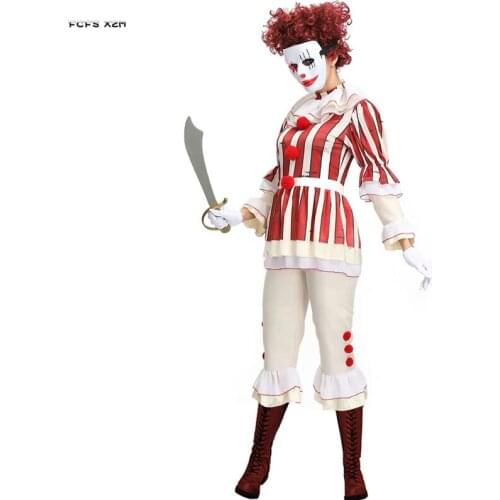 Women Halloween Scary Evil Clown Costumes Female Circus Droll Joker Cosplay Carnival Purim Nightclub Bar Role Play Party Dress