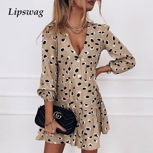 2021 Spring Women Elegant Polka Dot Print Button Pleated Party Dress Sexy V Neck Mini Dress Lady Casual Long Sleeve Beach Dress