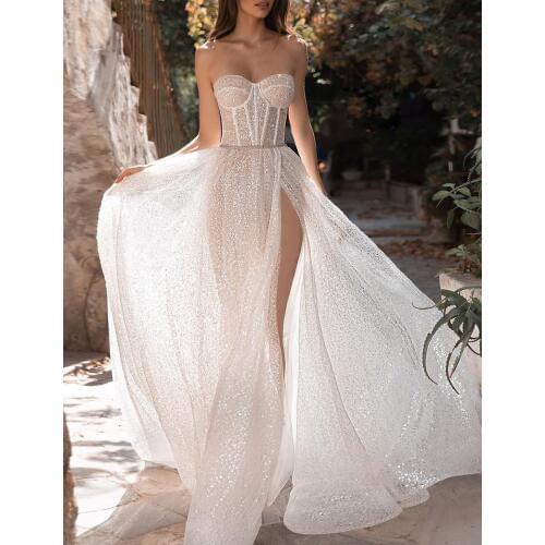 SSYFashion New Sexy Evening Dress Sweetheart Sleeveless High-split Sequins Shining Beach Gowns Long Formal Dresses Vestidos