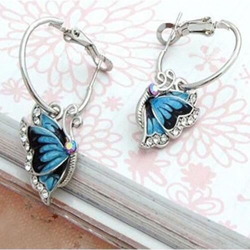 2016 Fashion Women 1Pair Blue Crystal Rhinestone Enamel Butterfly Dangle Earbob ARLV