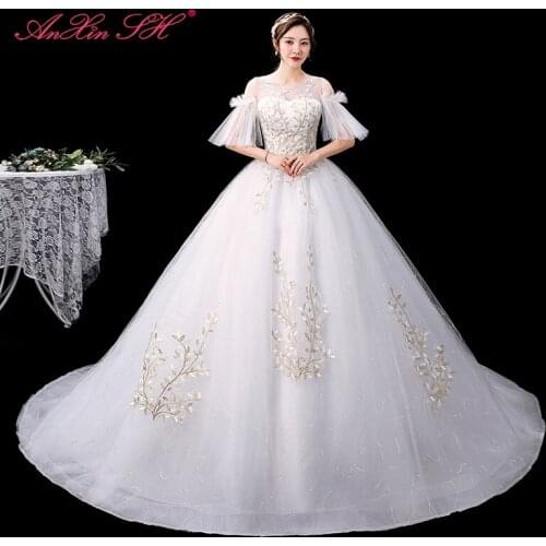 AXJFU princess champagne flower lace white wedding dress party vintage boat neck ruffles illusion bride white wedding dress