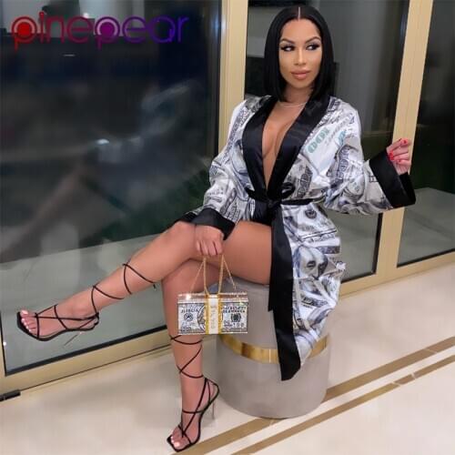PinePear Beautiful Money Moving Satin Robe Lounge Wear Autumn Womens Cash Out Print Wrap Dress Sexy Party Club Outfits Wholesale