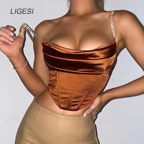 Ruched Satin Sexy Backless Bustier Corset Crop Tops Women Sleeveless Summer Top Cropped Club Fashion Outfit 2021