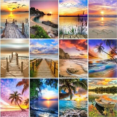 AZQSD 5D Diamond Art Painting Kits Seaside Sunset Bridge Picture Of Rhinestones Diamond Embroidery Scenic Mosaic Love Home Decor