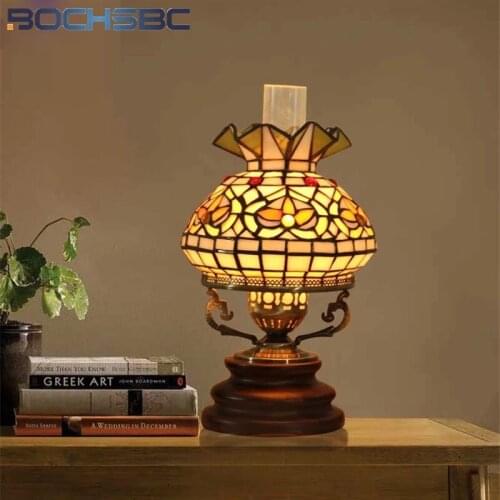 BOCHSBC Stained Glass Tiffany Desk Lamp Dragofly Cat Kerosene Lamps Decorative European Style LED E27 Table Reading Luxury Light