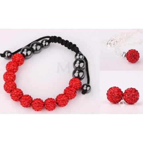Large Discount Jewelry Free Shipping 10mm Red 10Pcs/Lot Micro Pave Disco Ball crystal Set Bracelets+Earring+Necklace hf43
