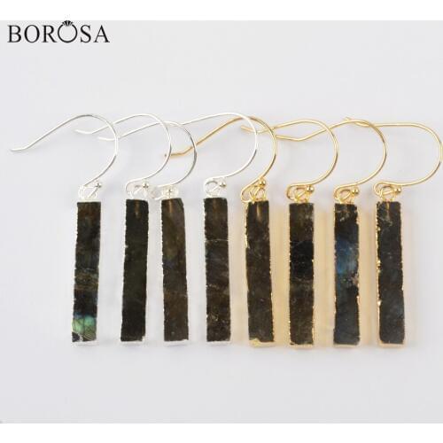 BOROSA 5Pairs Gold/Silver Plated Rectangle Natural Labradorite Drop Earrings High Quality Natural Stone Earring Jewelry G1923