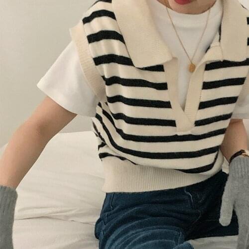 Colorfaith 2021 New Spring Autumn Women Sweaters Pullovers Striped Sleeveless Knitted POLO Collar Wild Short Vests SWV3092JX