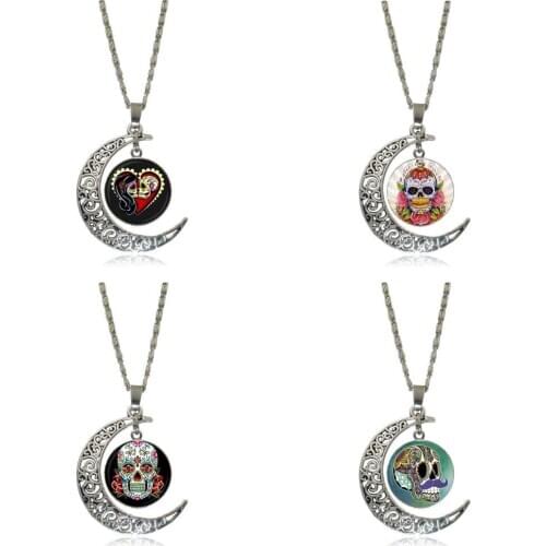EJ Glaze Sugar Skull For Women Men Party Silver Color Glass Cabochon With Hollow Out Moon Shaped Pendant Choker Necklace