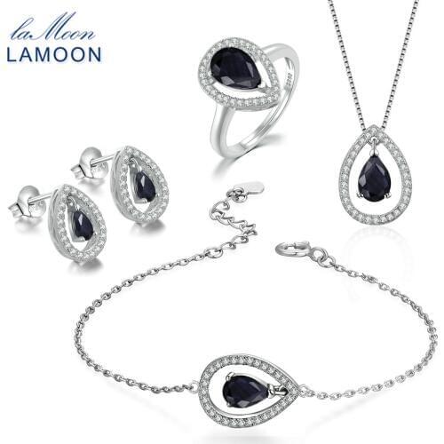 LAMOON 3X5mm Teardrop 100% Real Natural Blue Sapphire Jewelry Sets 925 sterling-silver-jewelry For Women V040-1