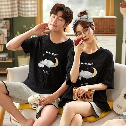 Korean Sweet Women Pajamas Set Summer O-Neck Black Short Sleeve Couple Sleepwear Cotton Outdoor T-shrits Men Plus Size Homewear