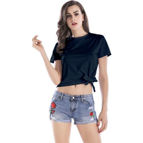 Fashion Bow Harajuku Short Pure T-shirt YANQINGHUAN 2018 Summer New Hem Ties Knot Round Neck Short-sleeved T-shirt Womens Tops