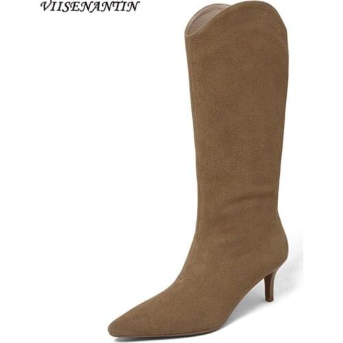 Fashion Mid-tube Cowboy Boots Autumn and Winter New Style Frosted Cowhide Pointed Stiletto Pure Color Temperament Fashion Boots