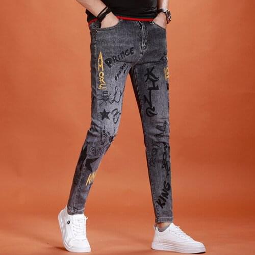 2021 Summer Men Fashion Embroidery Jeans Casual Dark Gray Slim Fit Pencil Pants