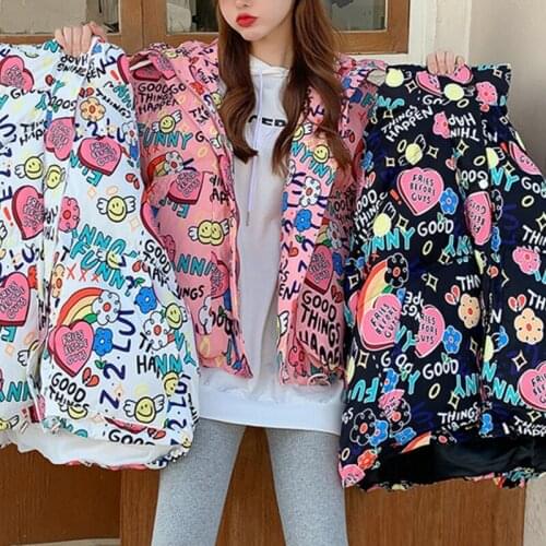 Fashion Winter Warm Short Coats Women Oversized Graffiti Print Chic Down Cotton Jackets Loose Bubble Zipper Outerwear Thick