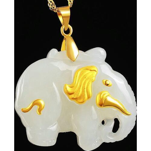 Natural Chinese Hetian White Jade Mosaic Gold Pendant Elephant Beautiful Jewelry Necklace Carved Fashion Charm Amulet Gifts