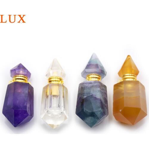 Natural Pull out plug type gems essential oils bottle Taper hexagonal pillar perfume bottle pendant with stick for necklace