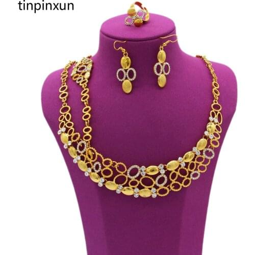 PINXUN African Dubai Gold Jewelry Set Women Necklace Bracelet Earring Ring Set Nigerian Mom Gift Bridal Jewelry Sets YS6