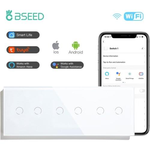 Bseed 6 Gang WifI Touch Switch 2Way Pass Through Light Switch White Crystal Class Panel Switch Work With Tuya Google Smart Home