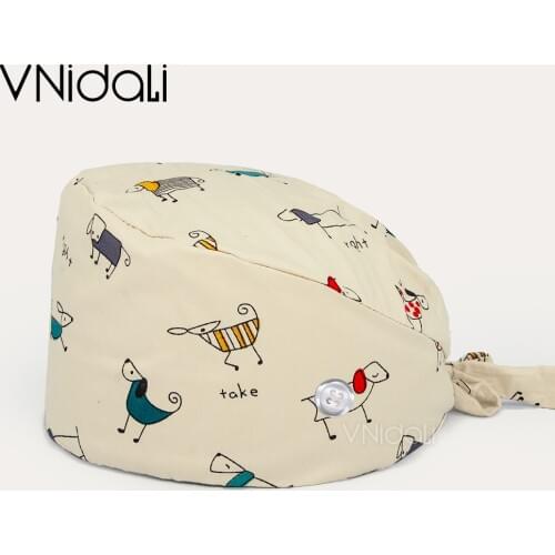 High quality cotton printed surgical cap dental care scrub cap beauty salon nurse work cap spa laboratory button scrub cap