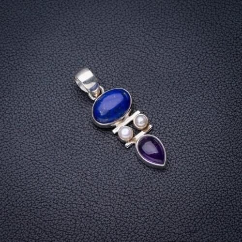 StarGems Natural Lapis Lazuli River Pearl And Amethyst Handmade 925 Sterling Silver Pendant 1.75" E4031