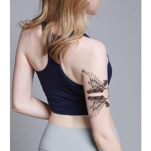 Waterproof Temporary Tattoo Sticker Black Wings Feathers Gun Totem Design Fake Tattoos Flash Tatoos Arm Body Art for Women Men