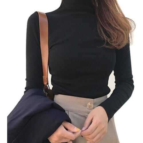 Sexy Top Women Shirts Casual Solid Color Base Shirt Long Sleeve Turtle Neck Slim Top Black White All-match Simple T Shirt