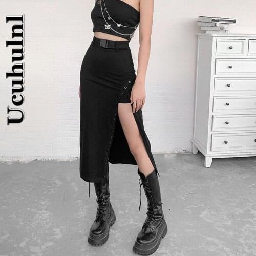 Gothic Black Vintage High Split Mid-Calf Skirts Women Loose High Waist Femme Bottom Streetwear Party Night Club Female Outfit
