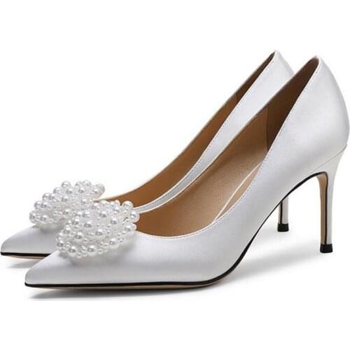 Banquet High Heels Silk Shallow Mouth Hollow Pointed Pearl Plus Size Women Shoes 41 42 43