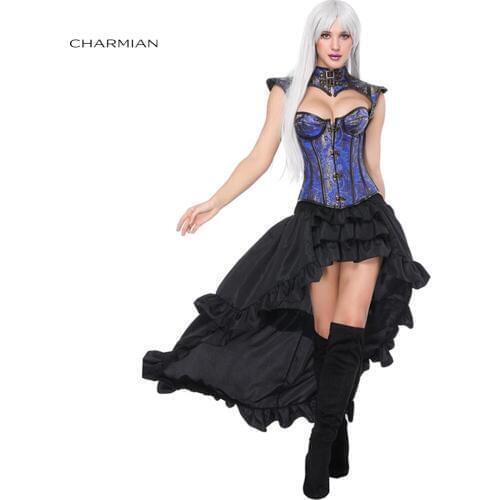 Charmian Womens Gothic Steampunk Corset High-low Skirt Set Steel Boned Overbust Corset Dress Corsets and Bustiers Waist Cincher