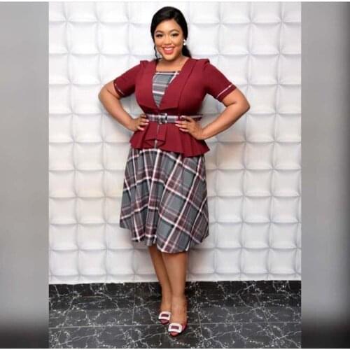 Plus Size Two Pieces Set Dress African Clothes Women Plaid Patchwork Tops&Plaid A-Line Skirt Suit Office Lady Robe Bust 122cm