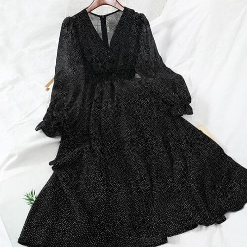 Women Ruffled Polka Dot Print A-line Dress Short sleeve V-neck Elegant Elastic waist Chiffon Midi Dresses 2021 New Summer Dress