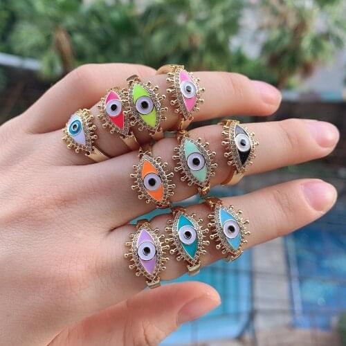 10PCS, CZ Micro Pave Enamel Eye Ring, Cubic Zirconia Gold Adjustable Ring