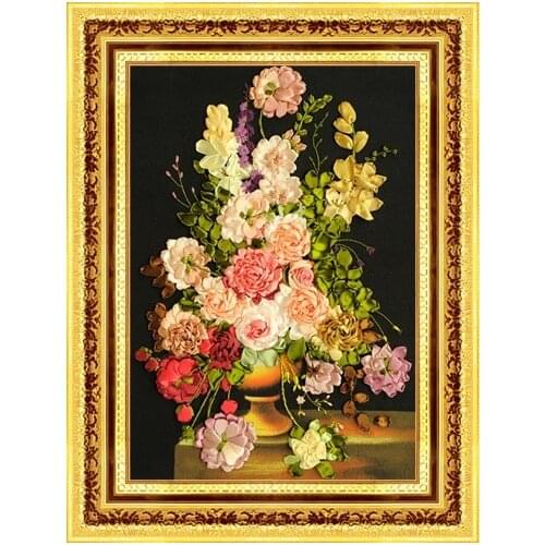 3D rose flower bottle Ribbon embroidery painting sets handcraft embroidery circle DIY handmade needlework wall art decor gift