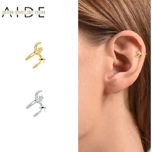 AIDE Sweet 1 Pc 925 Sterling silver Ear Cuff Fashion INS Moon Star Zircon Non Pierced Clip on Earrings for Women pendientes