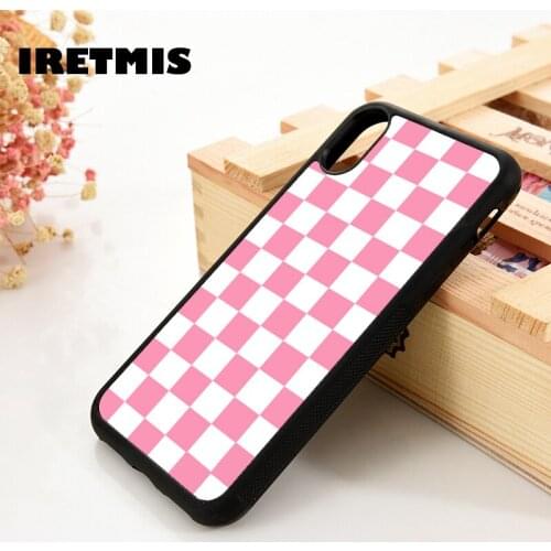 Iretmis 5 5S SE 6 6S Soft TPU Silicone phone case cover for iPhone 7 8 plus X Xs 11 Pro Max XR Checkered PINK WHITE Checkerboard